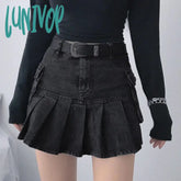 Lunivop Vintage Pleated Denim Skirts Women Dark Academia Fashion Goth Black High Waist Skirt 90S